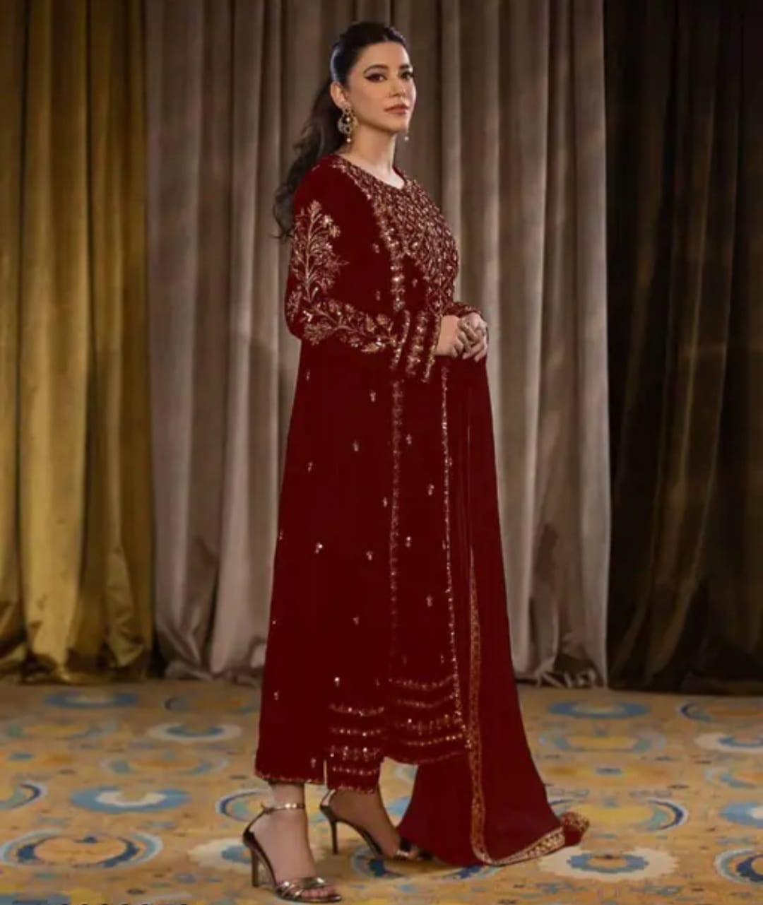 Velvet red plazzo set with dupatta