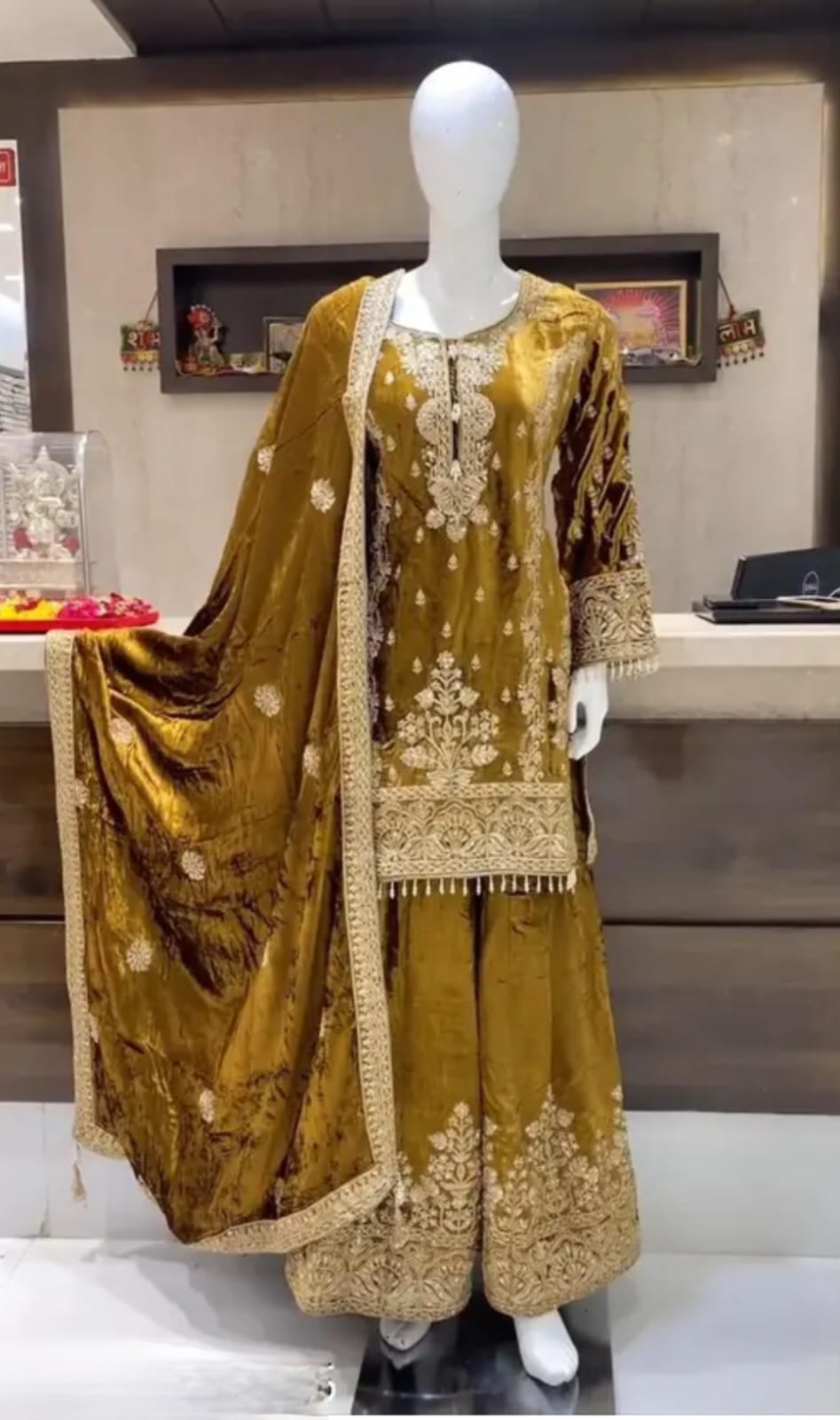 Velvet golden colour flared plazzo set with shawl