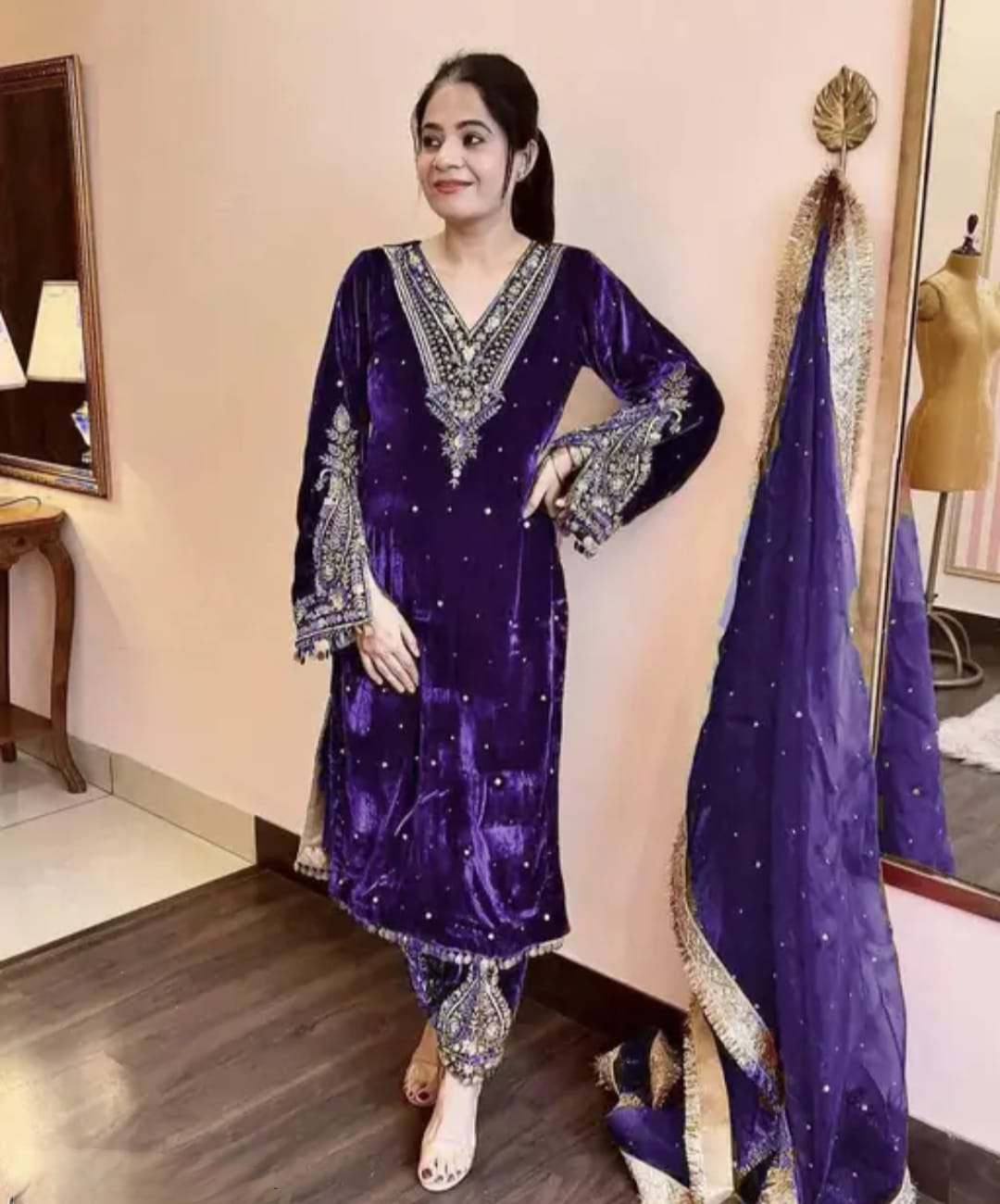 Velvet purple plazzo set dupatta