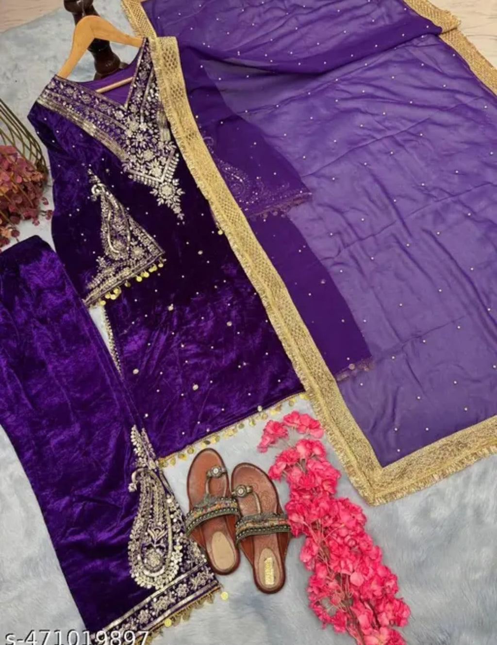 Velvet purple plazzo set dupatta