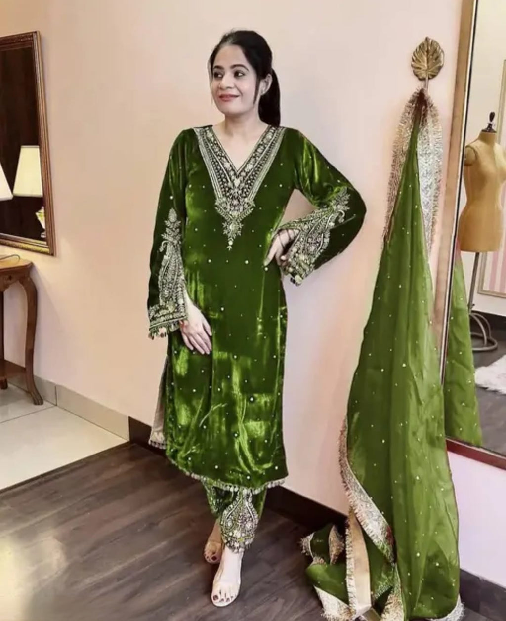 Velvet green plazzo set , with duppata