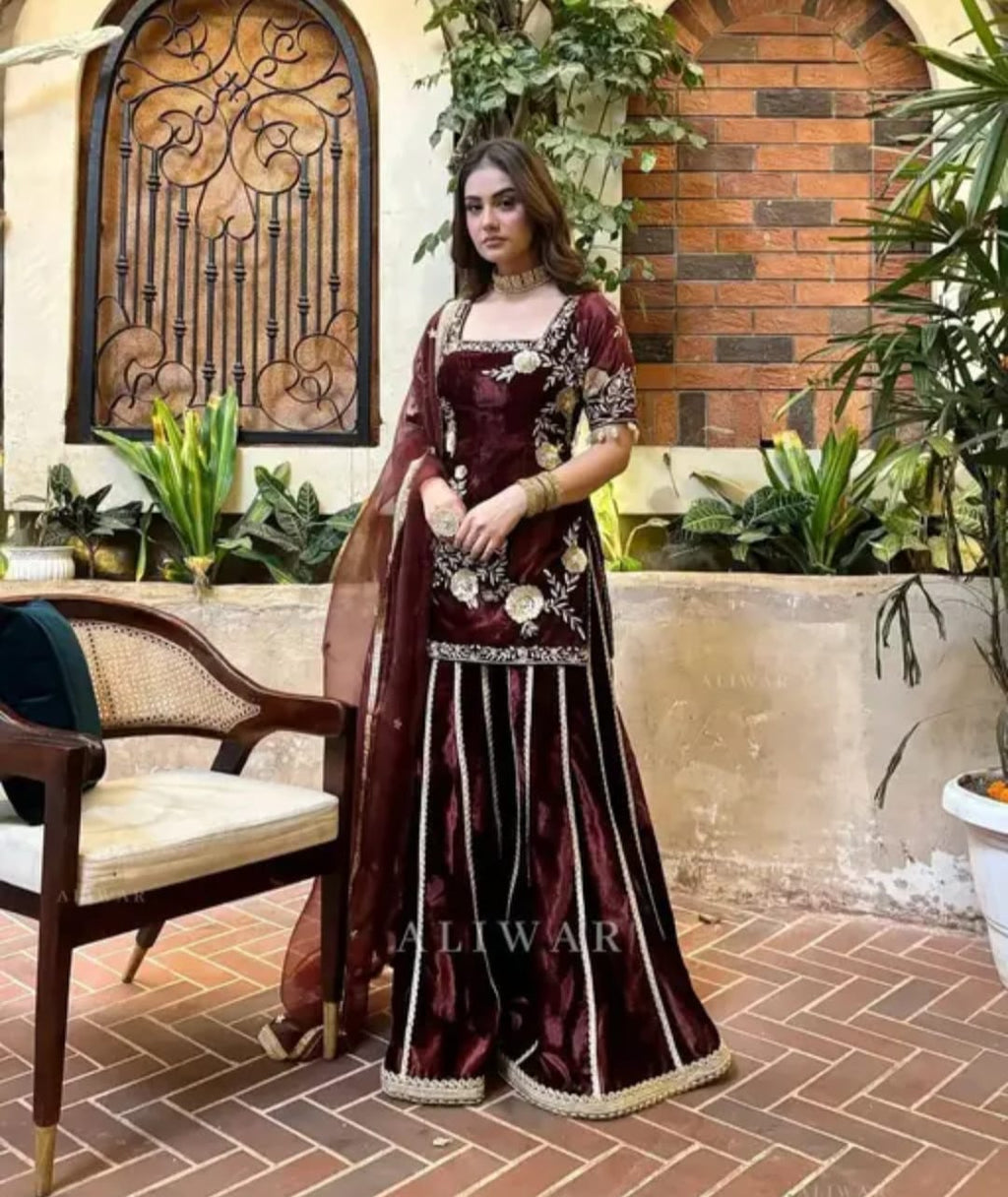 Velvet sharara set in dark marron colour