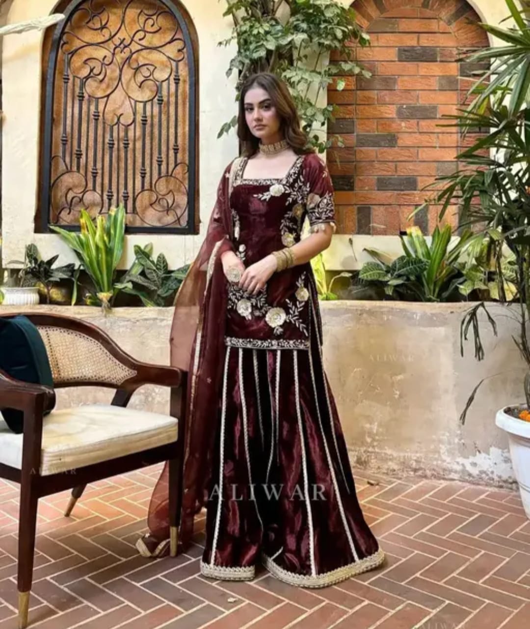 Velvet sharara set in dark marron colour