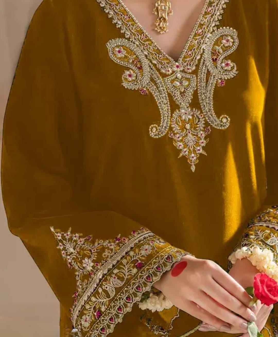 Velvet mustard golden palazzo set with matching dupatta