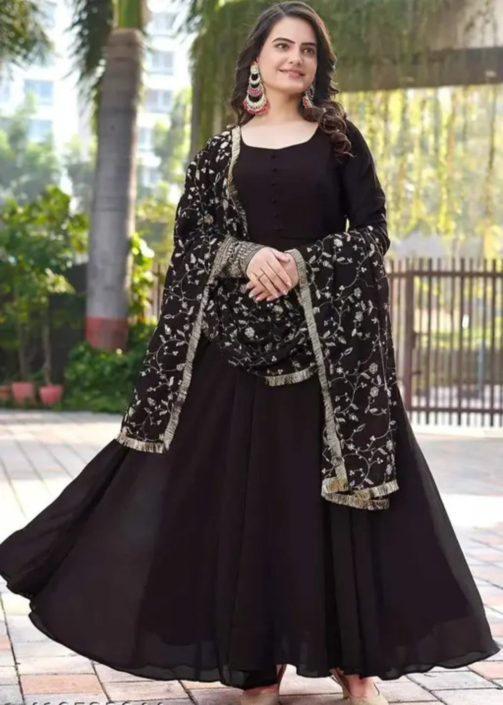 Black colour full floor length, embroidery on sleeves and full embroidered dupatta