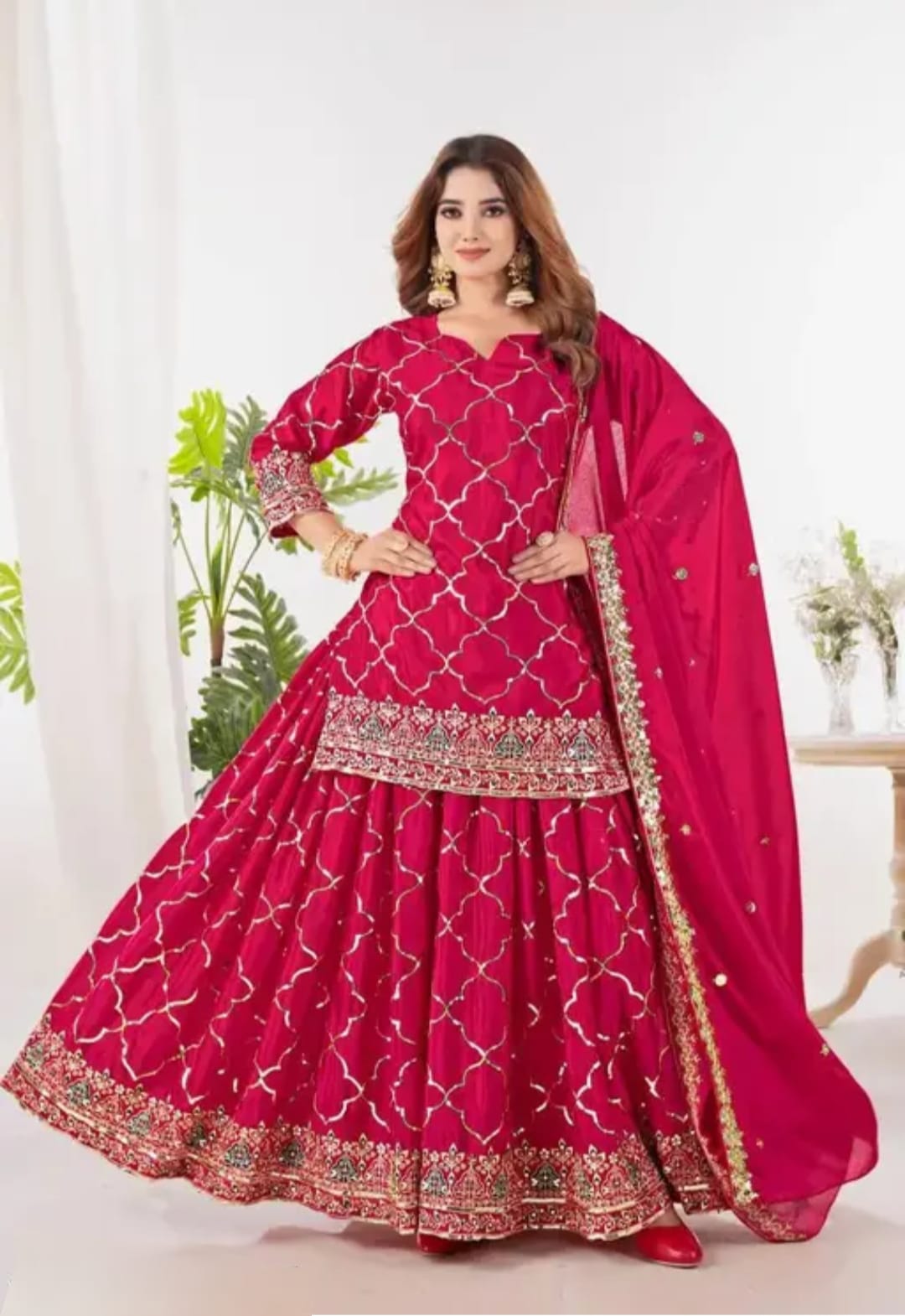 Heavy sharara set with short Kurti , Full embroidery on full suit and on dupatta