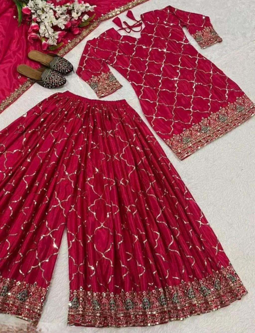 Heavy sharara set with short Kurti , Full embroidery on full suit and on dupatta