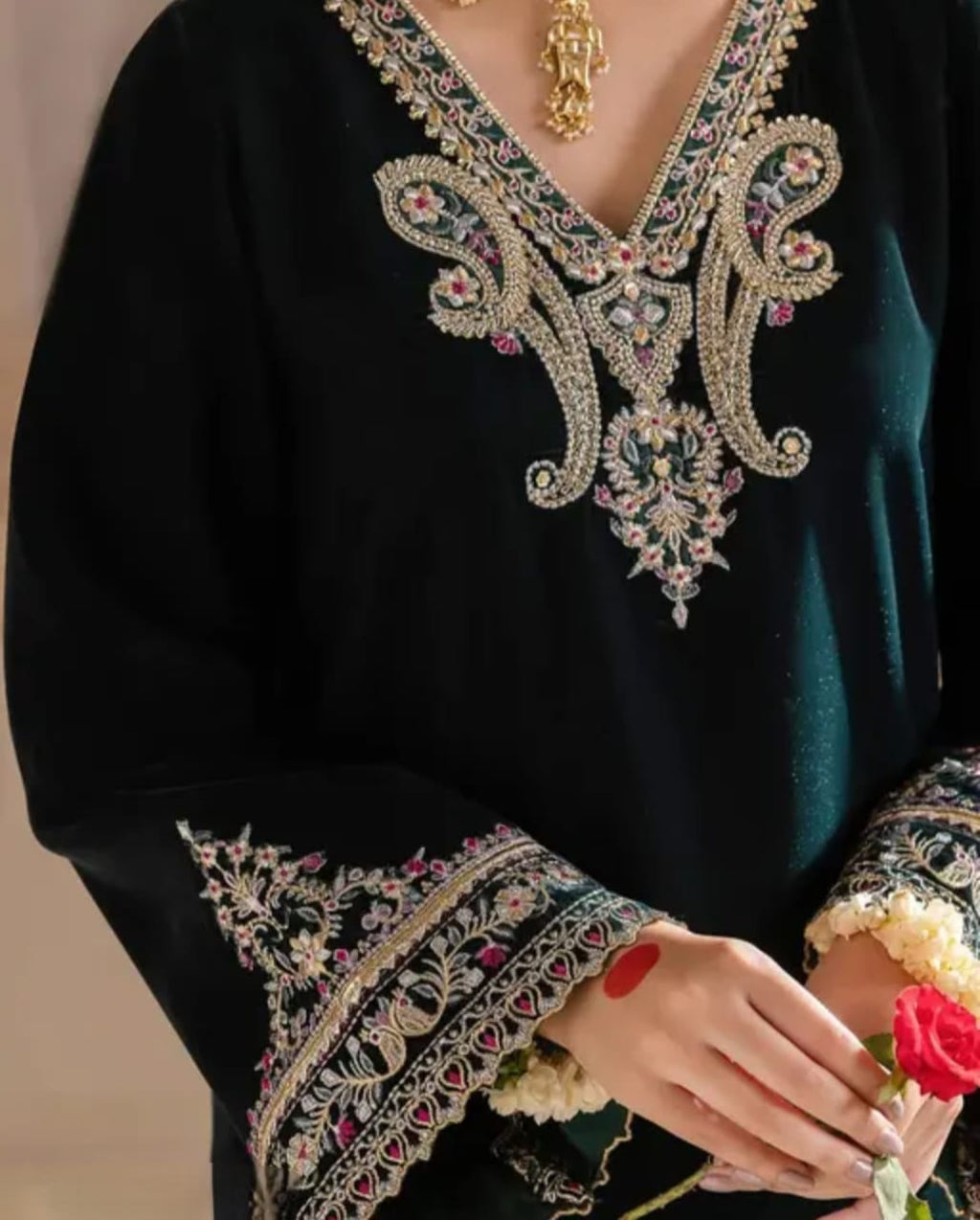 Velvet green palazzo set with matching dupatta