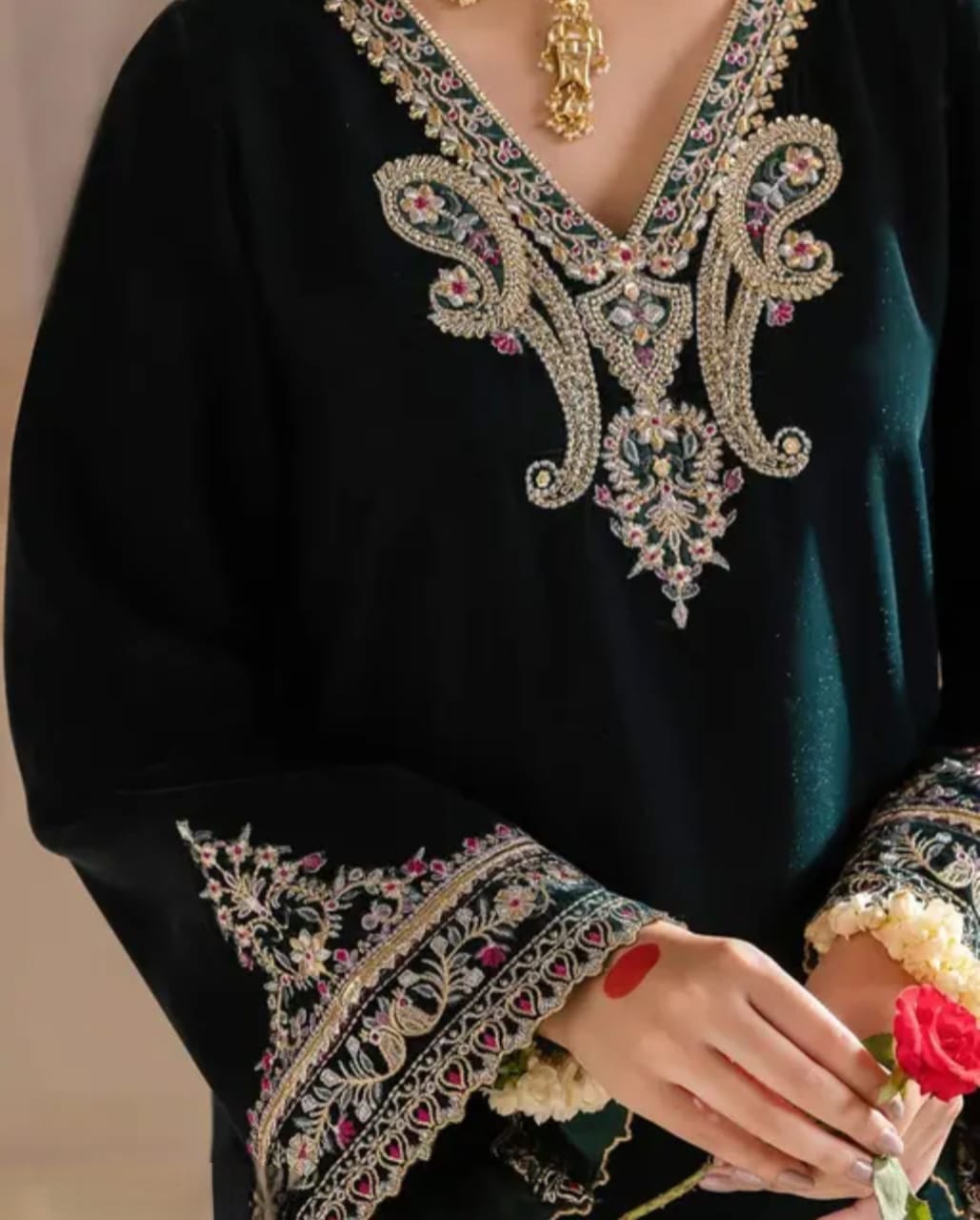 Velvet green palazzo set with matching dupatta