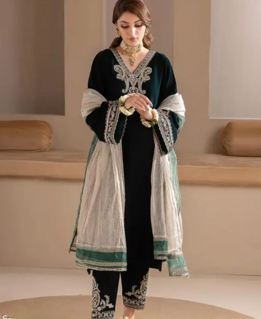 Velvet green palazzo set with matching dupatta