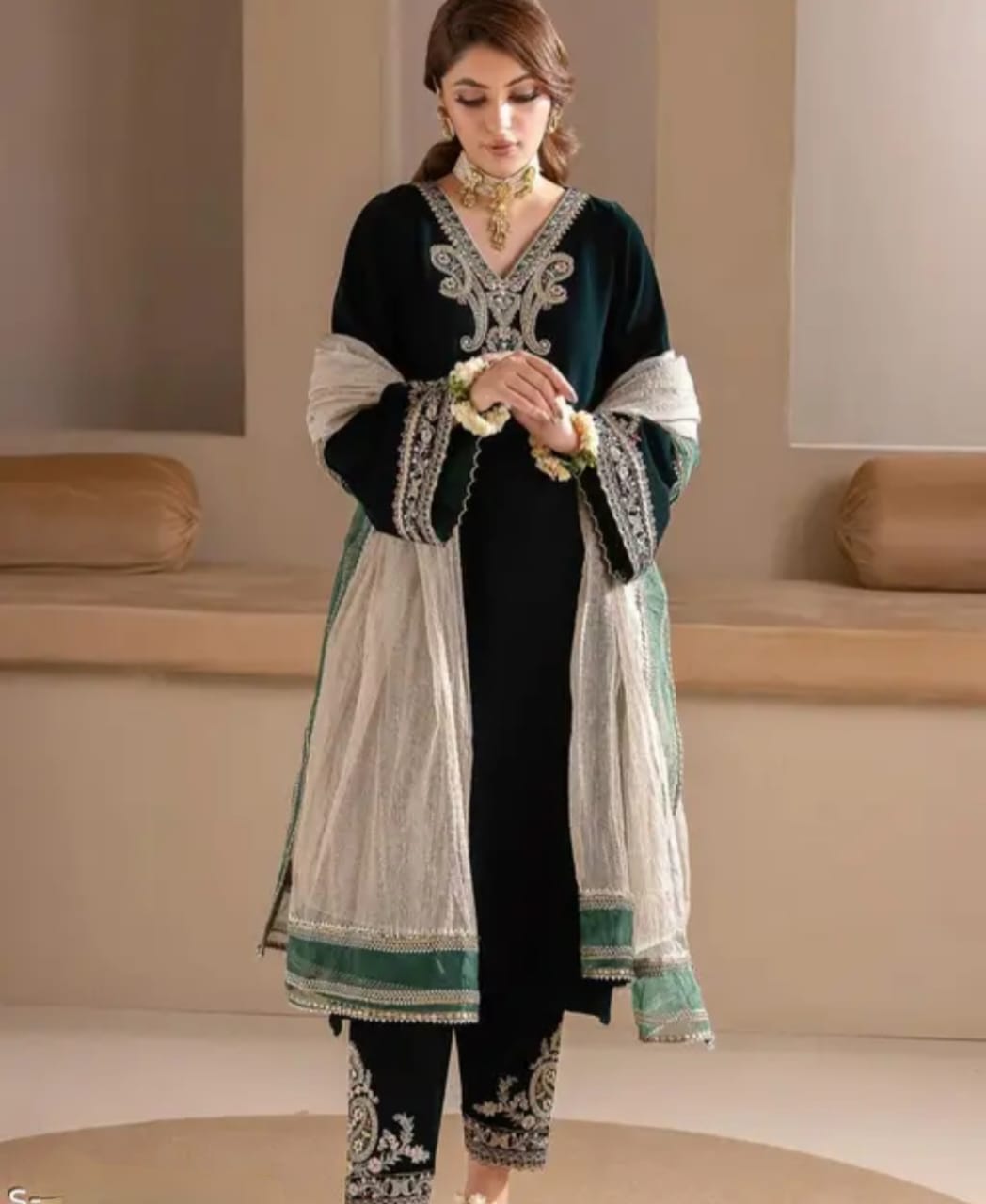 Velvet green palazzo set with matching dupatta