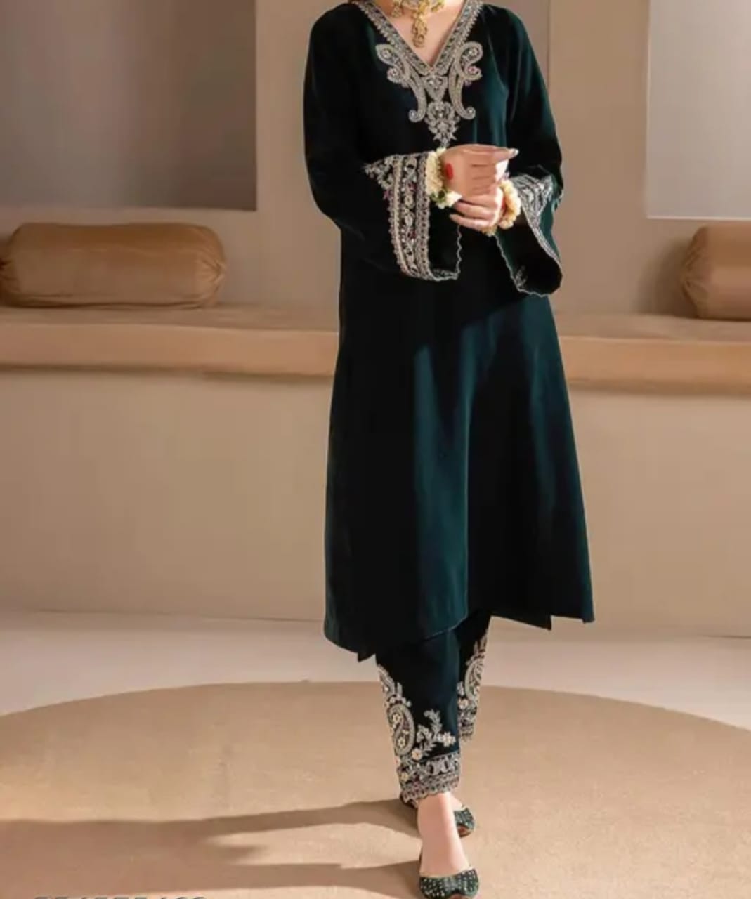 Velvet green palazzo set with matching dupatta