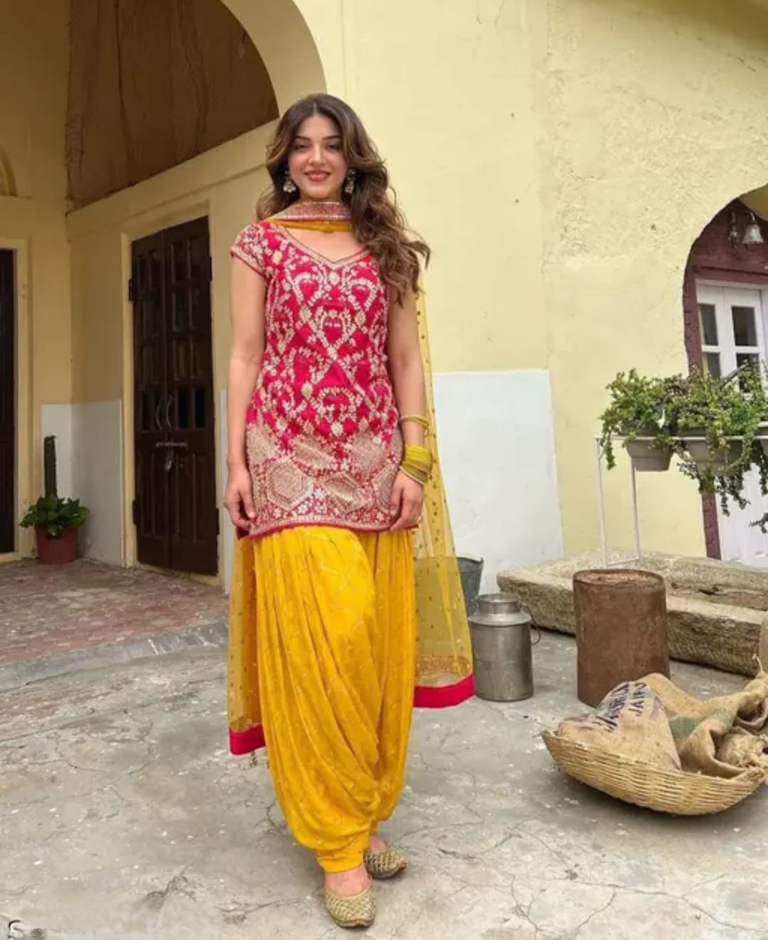 Plazzo salwar in the combination of yellow and hot pink