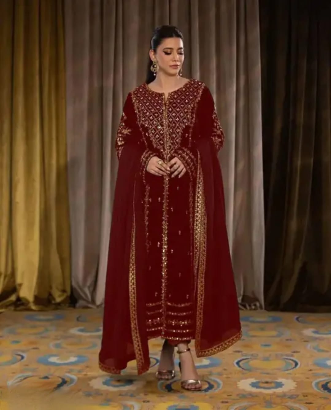 Velvet red plazzo set with dupatta
