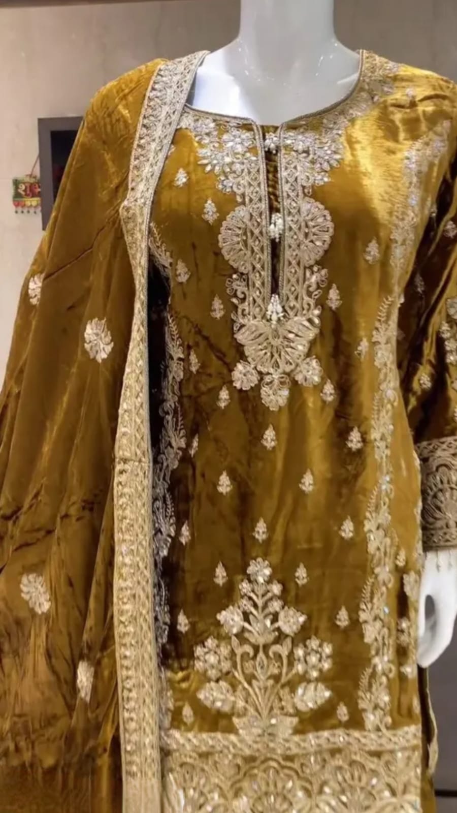 Velvet golden colour flared plazzo set with shawl