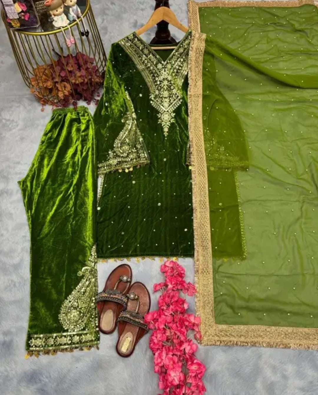 Velvet green plazzo set , with duppata