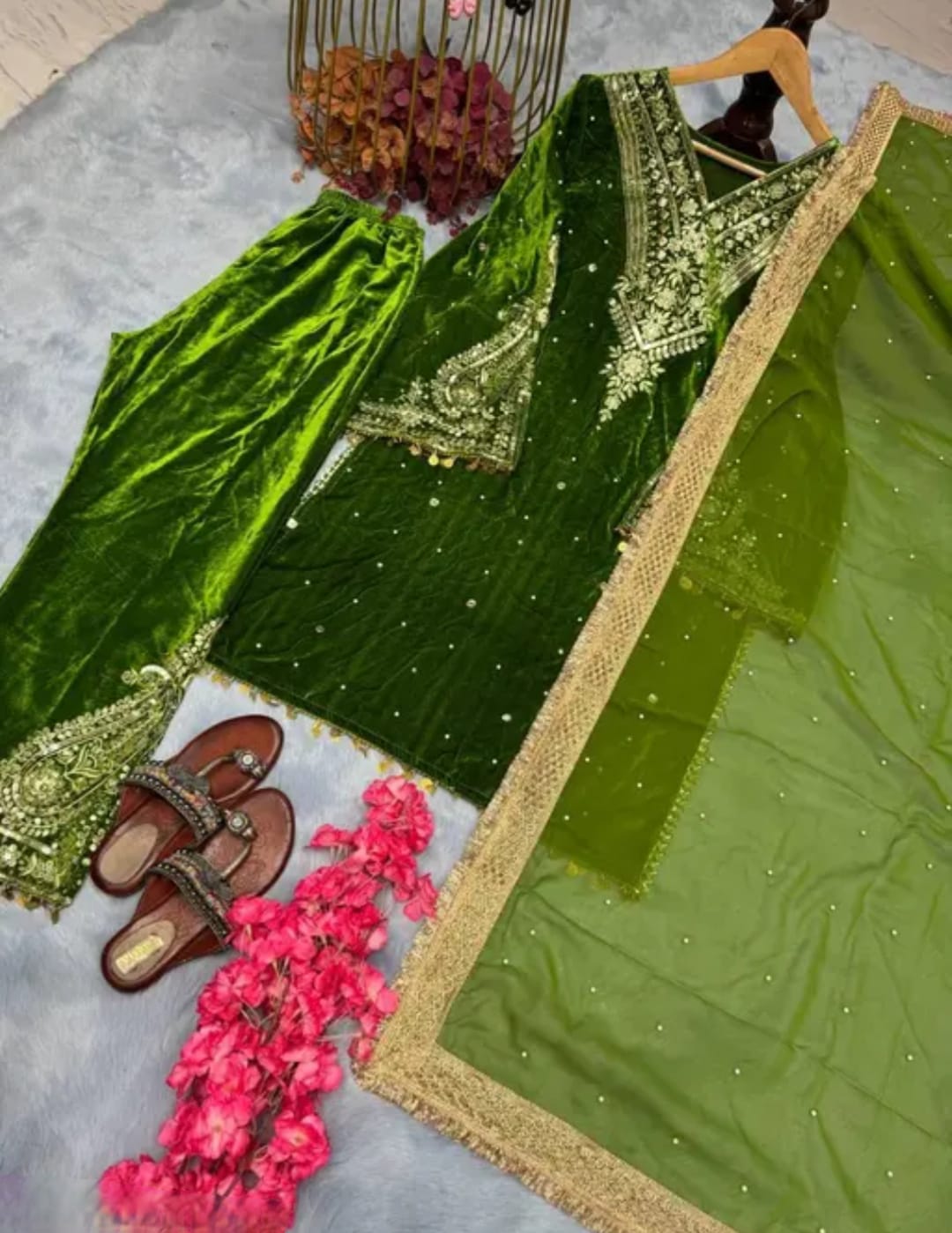 Velvet green plazzo set , with duppata