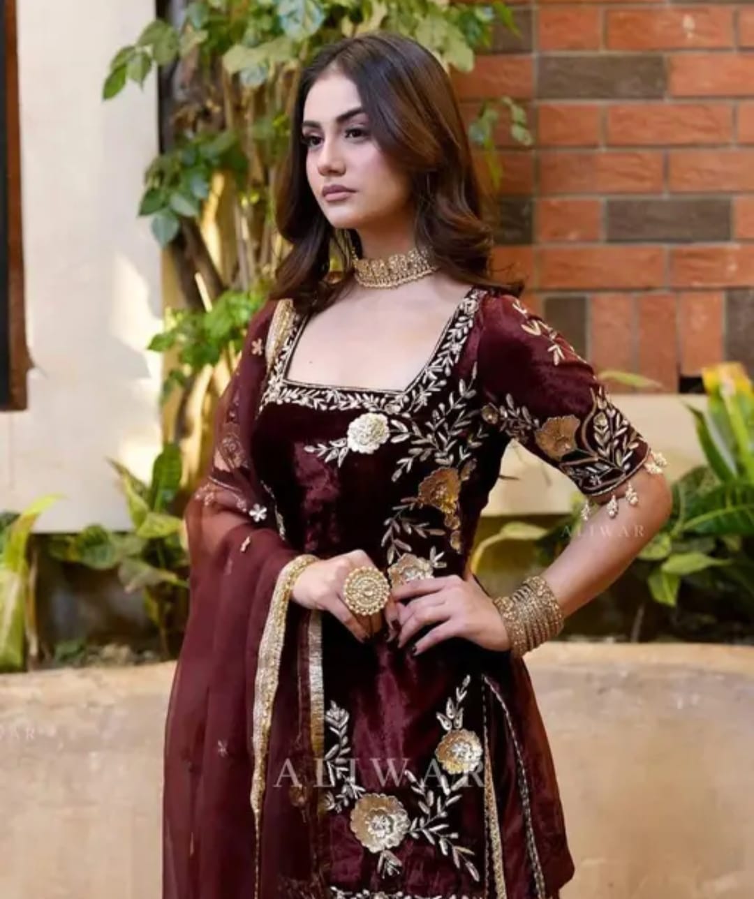 Velvet sharara set in dark marron colour