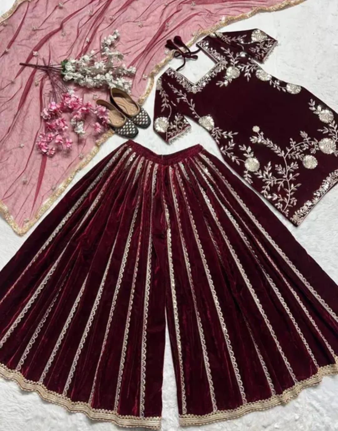 Velvet sharara set in dark marron colour