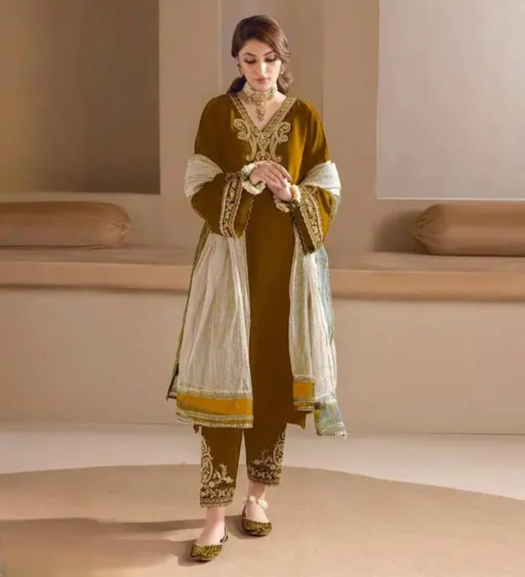Velvet mustard golden palazzo set with matching dupatta