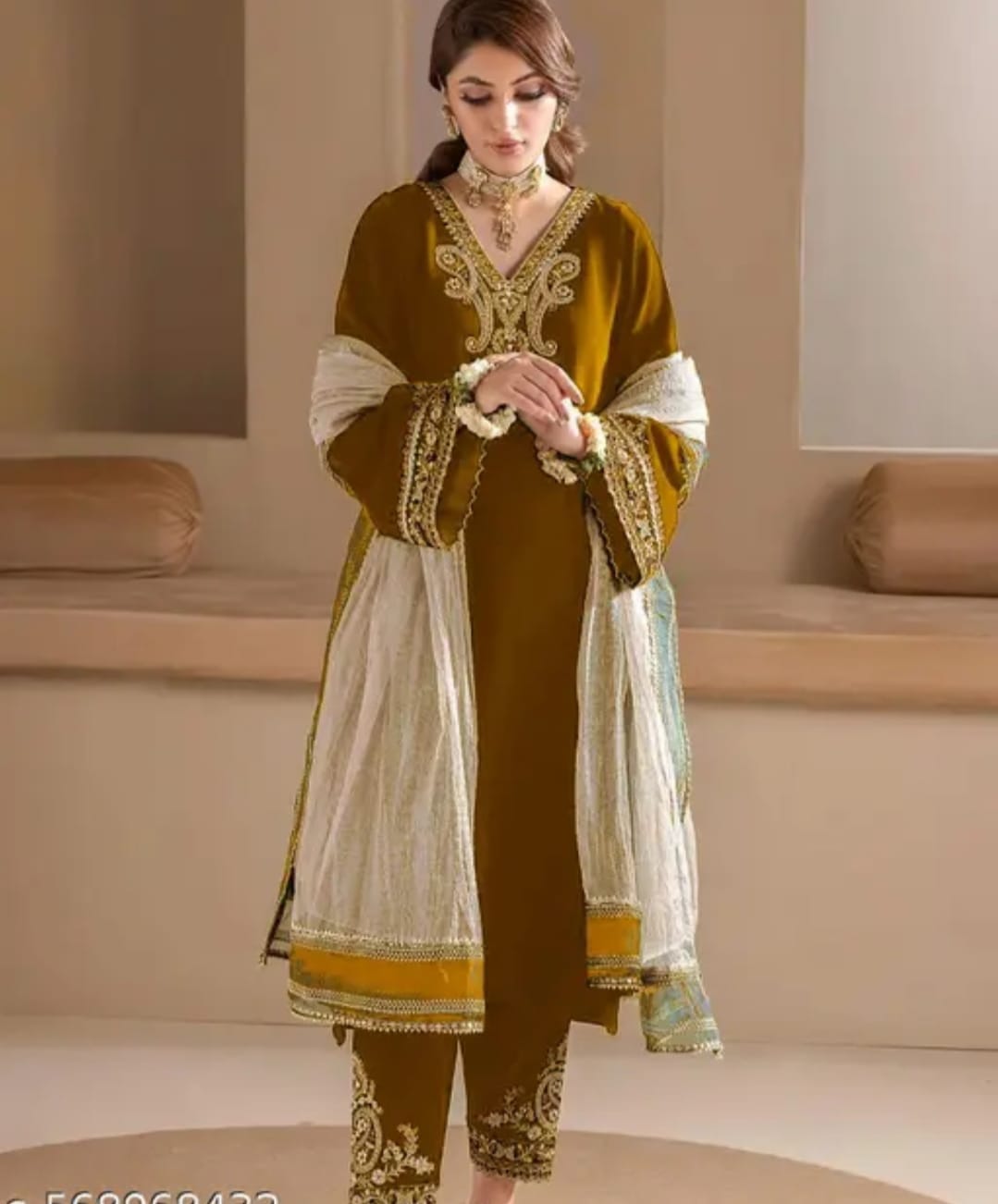 Velvet mustard golden palazzo set with matching dupatta