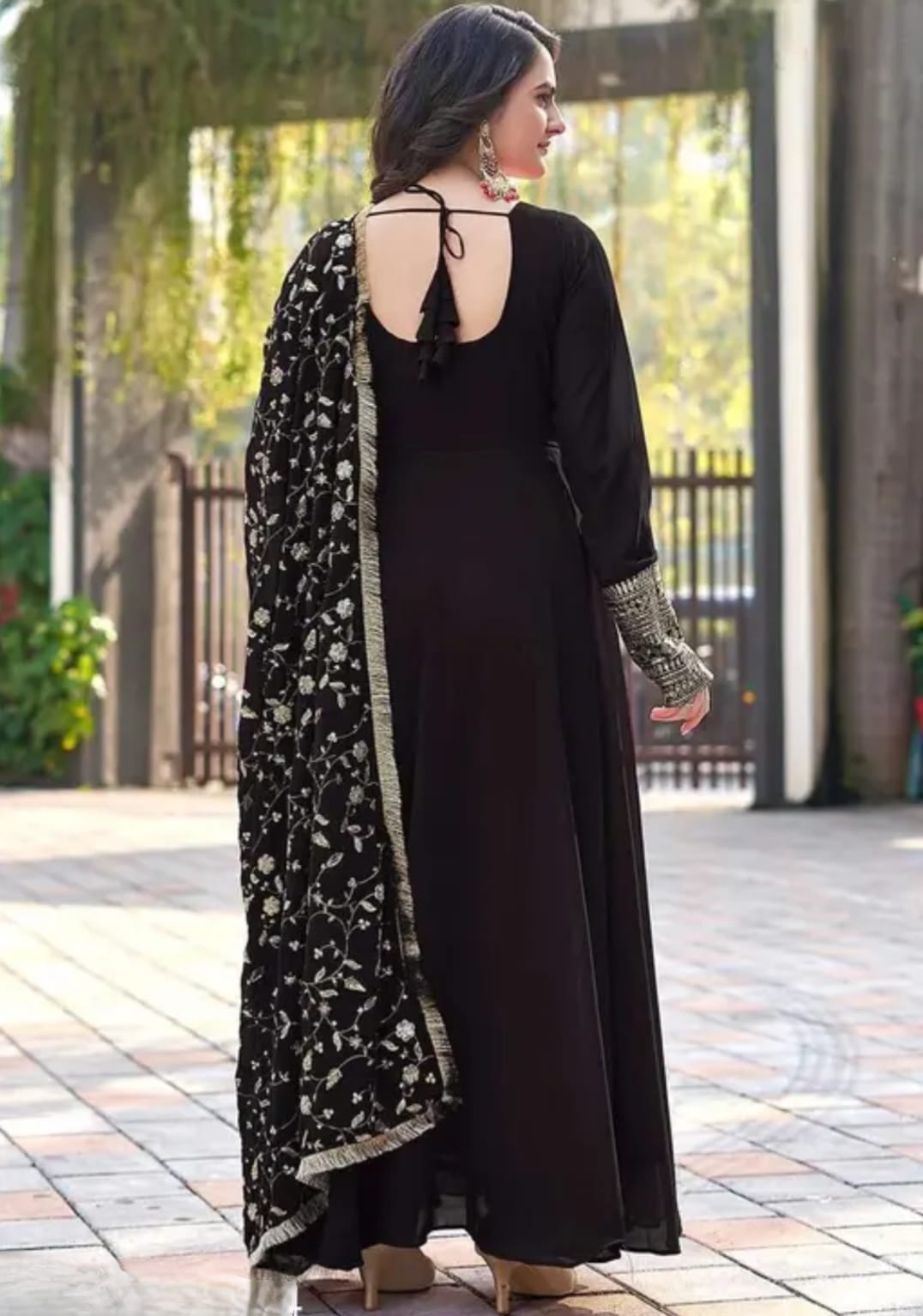 Black colour full floor length, embroidery on sleeves and full embroidered dupatta