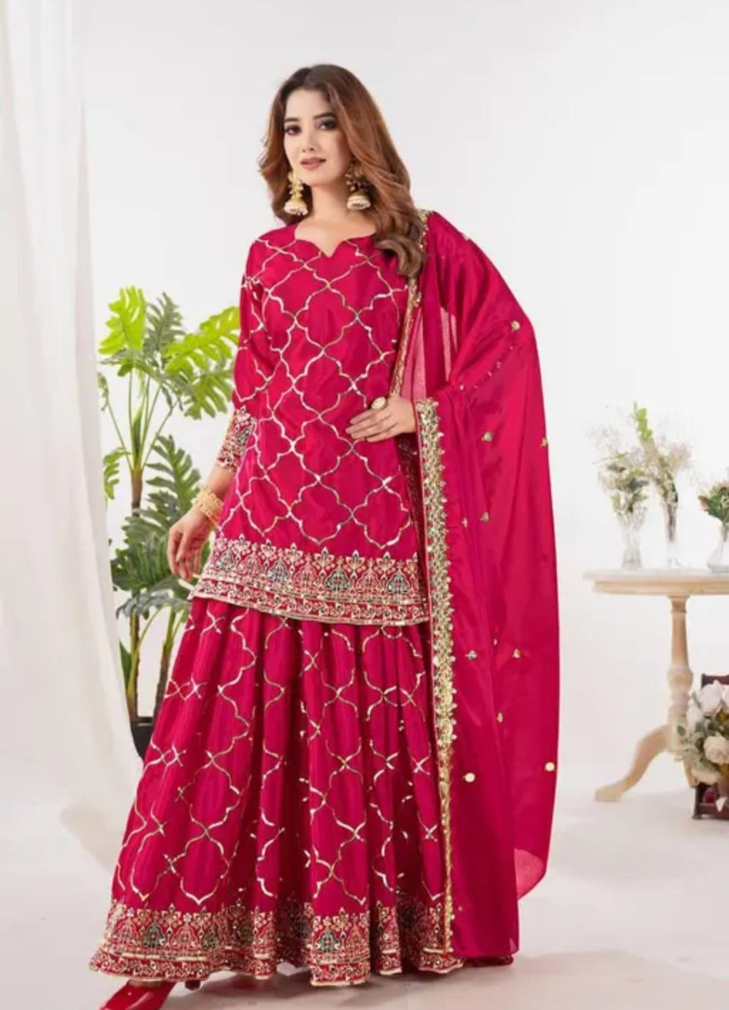 Heavy sharara set with short Kurti , Full embroidery on full suit and on dupatta